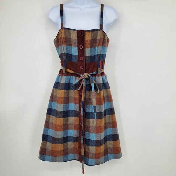 Maple Dresses & Skirts - Maple Anthropologie Wool Checkerboard Plaid Velvet Trim Newsroom Jumper Dress 4